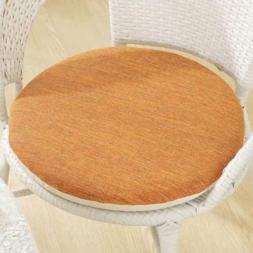 Sitzkissen Rund Leinen 35cm 2er-Set, 4 cm Dicke Stuhlkissen mit rutschfest Waschbar Bezug, Sitzkissen Stuhl mit Reißverschluss, Chair Cushion für Indoor Esszimmer Küche Outdoor Garten, Orange