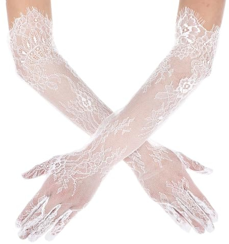 HaiFafafaing Long Lace Gloves for Women Elbow Length Floral White Lace Gloves for 80s Wedding Bridal Opera Party Masquerade Cosplay
