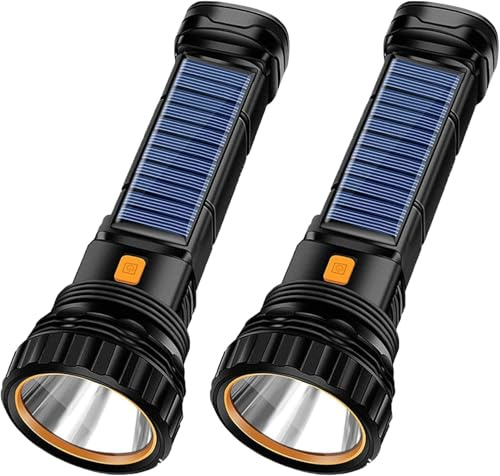 Mayhug Lot de 2 lampes de poche LED Solaire/rechargeables, 1000 L super lumineuses, lampe torche légère avec lampe stroboscopique d'urgence pour coupures de courant, urgence, camping, randonnée