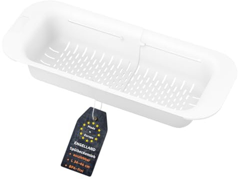 Engelland - 1 x ausziehbares Abtropf-Sieb für Spülbecken, Weiß, flexibler Abtropf-Korb, Nudelsieb aus BPA-freiem Kunststoff, platzsparend & erweiterbar, robust, Seiher für Waschbecken