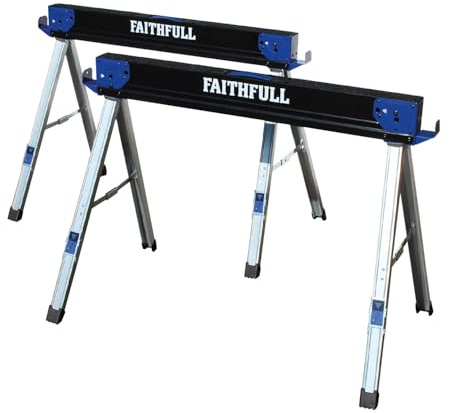 Faithfull Coppia di cavalletti pieghevoli in acciaio di alta qualità, con capacità di 1000 kg, superficie antiscivolo, staffe rimovibili, bracci di supporto e maniglia per il trasporto, per banco da