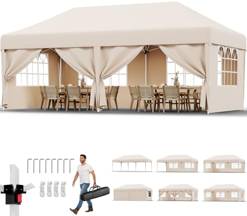 JUMMICO Pavillon 3x6 Wasserdicht Stabil Winterfest mit 6 Seitenwänden,Faltpavillon Höhe Verstellbar,partyzelt Pavillion UV Schutz 50+,Gartenpavillon Faltzelt für Garten, Innenhof, Gazebo Beige