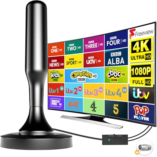 Indoor TV Aerial with Strong Signal Booster - Digital Antenna for Freeview DVB-T2, Supports 4K/1080P Smart TVs, VHF/UHF Reception, with Magnetic Base, 16.4ft Coax Cable & F-Type Male Connector