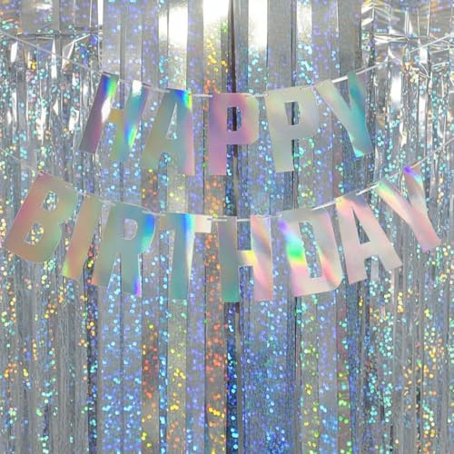 Guirlande « Happy Birthday » - Guirlande irisée - Rideau holographique - Décoration d'anniversaire - Argenté - Pour décoration d'anniversaire, mariage d'argent