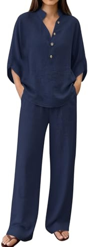 Conjunto Mujer Dos Piezas Verano Elegante Lino Chandal Casual Cómodo Blusa Manga 3/4 y Pantalones Completo Primavera Holgado Talla Grande Conjuntos Deportivos Cuello en V Playa Chándal Vacaciones