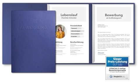 15 Stück 3-teilige Bewerbungsmappen Blau mit 2 Klemmschienen in feinster Lederstruktur - hochwertige Prägung ''BEWERBUNG'' - direkt vom Hersteller STRATAG