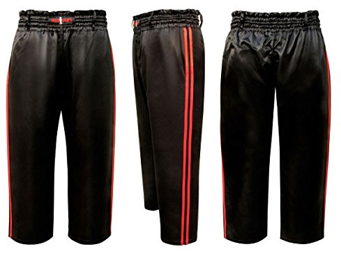 Vader Sports – träningsbyxor för kickboxers i svart med 2 röda ränder av satin för vuxna eller barn