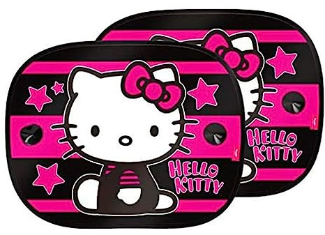 Hello Kitty Starset mit 2 mikroperforierten Seitenschutzvorhängen. Effektiver Schutz auf den Rücksitzen vor Hitze und Sonneneinstrahlung.