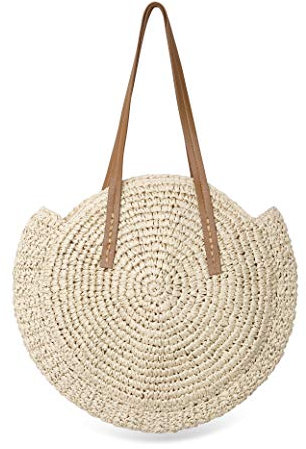 Stroh Handtasche Sommer Strandtasche Runde Vintage Handarbeit Umhängetasche Kreis Böhmische Handgewebt Schultertaschen für Frauen Reisen Urlaub Freizeit Geflochten Tasche