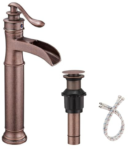 Bathfinesse Antique Vessel Sink Faucet Waterfall Faucet for Bathroom Bowl Copper Open Spout Farmhouse Bath Tall Sturdy with Parts Pop Up Drain Stopper for Sink Vanity Single Hole Supply Line