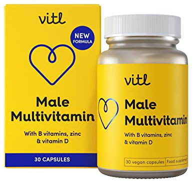 Vitl Male Multivitamin & Minerals Supplement - 30 Vegan Capsules - 20 Essential Nutrients Including B Vitamins, Zinc, Vitamin D & Plant Extracts - Support Overall Male Wellbeing - 1 Month Supply