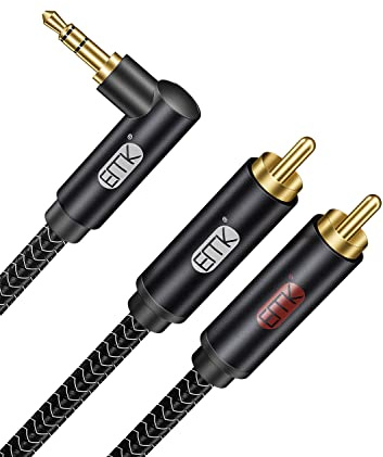 EMK RCA Cable 3.5mm Male to 2RCA Male Stereo Audio Adapter Cable[Nylon Braided,Durable and Flexible] AUX RCA Y Cord (2M, 90° 3.5mm Male to 2 RCA Male, Black)