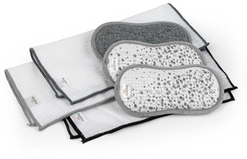 Beldray LA088673GRY1EU7 Deluxe Cleaning Set, 3 Microfibre Cloths & 3 Scrubbing Pads, Scourers For Tough Household Stains, Suitable for Worktops, Tiles, Glassware, Streak Free, 150 Years Copper Edition