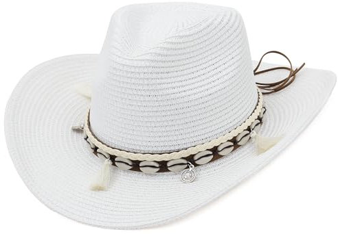 EOZY Cowboyhut Strohhut Damen Sonnenhut Sommer Strandhut Westernhut Panama Hut M Weiß