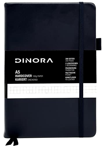 Dinora® Notizbuch A5 Hardcover - Kariert - PU Leder-Optik - 200 nummerierte Seiten - 100g Avery Papier - Navi Blau