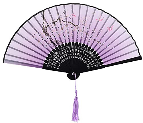 Yukiyi, ventaglio a mano pieghevole per donna, in bambù con tassello, in stoffa di seta, per decorazione da parete, matrimonio, festa (viola)