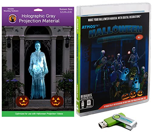 AtmosFX® Halloween Hollusion Digital Decoration Kit - 8 Video Effects & 5.5' x 9' Gray Fabric Matte Holographic Projection Screen