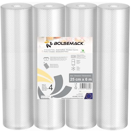 BOLSEMACK Folienrollen 25cmx6m - 4 Rollen Vakuumierbeutel für alle Vakuumierer & Lebensmittel Vakuumiergerät - Vacuum bags sehr stark & reißfest - Vakuumbeutel lebensmittel BPA-frei