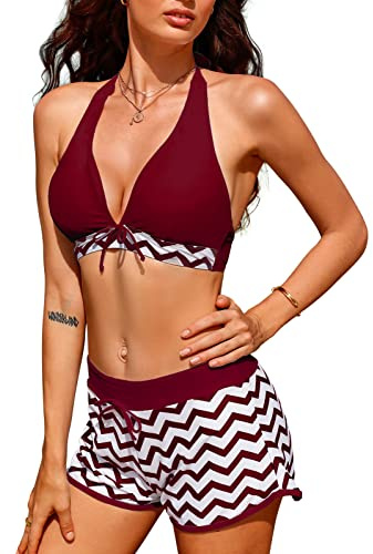 heekpek Womens Swimsuit Two Pieces High Waist Bikini Sets with Shorts Bikini Sets Padded Swimwear Push Up Swimming Suits Plus Size Swimming Shorts Bikinis Halter Deep V-Neck Wine Red