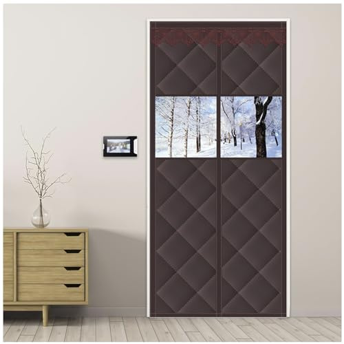 DXDRT Magnet Thermo Türvorhang Kälteschutz mit Sichtbarem Fenster, Winddicht Wasserdicht Wärmeschutzvorhang für Tür im Winter Isolierschutzvorhang Gegen Kälte Hitze,Braun,WxH 110X200CM