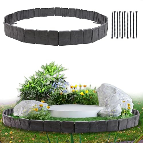 Garden Edging Border, 16FT Landscape Edging Borders for Flower Beds, Imitation Stone Effect Garden Lawn Border Faux Stone Landscape Edging and Plastic No Dig (20Pcs, Grey)