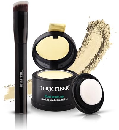 THICK FIBER Root Touch Up & Hairline Powder with Brush 4g – Covers Grey Roots & Thinning Hair – Sweat & Water Resistant – Hair Concealer for Bald Spots & Fill-In (Light Blonde) for Women & Men