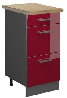 Vicco Küchenunterschrank R-Line, Rot Hochglanz, 40 cm mit Schubladen, AP Eiche
