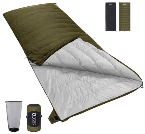 QEZER dunsovsäck, sovsäck för varm vinterfilt, liten storlek för camping och vandring, 3~4 säsonger, utomhus eller inomhus (svart 0°C) (grön)