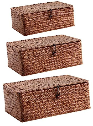 KOMBIUDA 3stücke Seegras Aufbewahrungsbox Mit Deckel Geflochtener Korb Für Rattanmöbel Rustikale Organizer Box Für Kleinteile Kosmetika Kabel Und Socken Platzsparend Für Couchtisch Regal