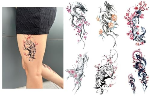 Sakura A6 Lot de 6 feuilles de tatouages temporaires animaux fleurs de cerisier tatouages tigre dragon tatouage faux tatouages