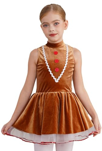Miutii Mädchen Lebkuchenmann Kostüm Lebkuchen Kleid Samt Weihnachten Kleid mit Tutu Rock Ballettkleid Ballerina Latein Tanzkleid A Braun 158-164