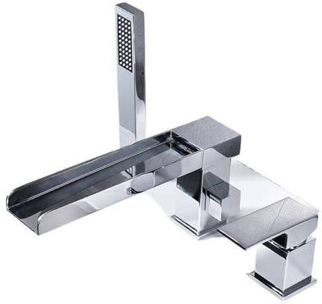 Grifo de bañera dividido for baño, cascada de tres orificios, cuatro orificios, borde cilíndrico frío y caliente, juego de cuatro piezas(Silver rectangular three hole waterfall)