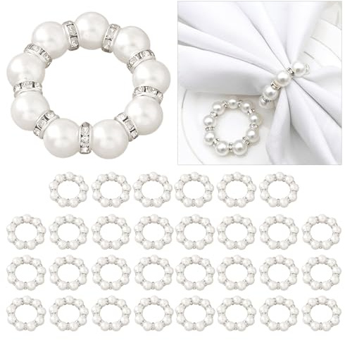 30Pcs Pearl Napkin Rings, Round Napkin Buckles Wedding Beaded White Napkin Rings Silver Napkin Ring Holder for Formal Dinner Reception Party Banquet Table Decor (Sliver)