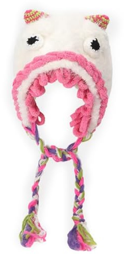 MZRAN Schöne gestrickte Plüsch-Monster-Mütze zum Skifahren, Wandern, Größe Damen, winddicht mit geflochtener Ohrenklappe, weiß, S/L