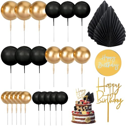 26Pcs Black and Gold Cake Decorations, Black and Gold Cake Balls Topper Set – Party Decorations for Birthday, Anniversary & More