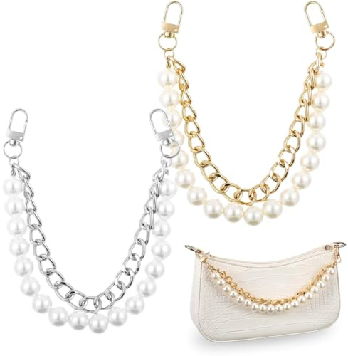 Taschengriff mit Perle, 2 Stück Taschenkette für Umhängetaschen, UmhäNgetasche Hand GüRtel Kette, Gold silber Extender Kette, Perlen Verstellbar für Damen Taschen, Tasche Kette mit Perlen, 30cm