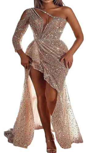 Damen 2023 Sexy High Split Langarm Pailletten Bankett Abendkleid Kleid Mit Tüllrock Damen Karneval Weisser Rock (Beige, XXL)