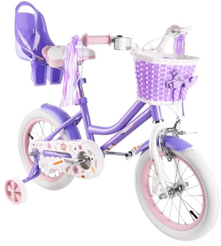 RULLY Daisy Kinderfahrrad für Mädchen von 2-7 Jahren, 12 14 16 Zoll Prinzessinnenfahrrad mit Puppensitz, Stützrädern, Korb und Streamern, Kinderfahrräder