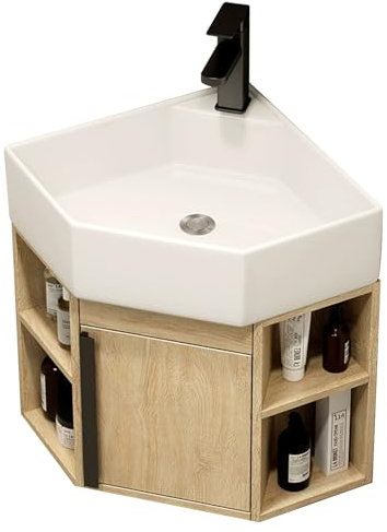 LYXWGRZD Lavabo d'angle, lavabo en céramique, meuble-lavabo d'angle de bain, lavabo de salle de bain mural, lave main d'angle avec récipient de rangement, lavabo en céramique(Brown,45cm/17.7in)