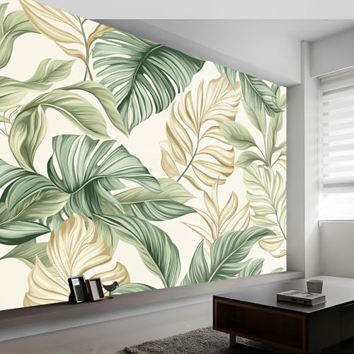 Carta Da Parati Pianta Foglie Tropicale Verde Beige 400 X 280 Cm(Wxh) Poster Giganti Da Parete Spiaggia,Fotomurale Murale Alla Moda,Decorazione Per Camere Da Letto,Cucine E Soggiorni
