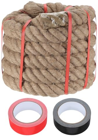 sourcing map Jute Rope 2 Inch x 25ft, Heavy Natural Thick Twisted Rope with 2 Roll Tapes for Crafts Railing Docks Tug of War Swing Nautical Landscaping