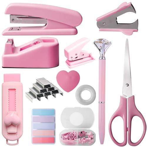 Rosa Bürobedarf, Tischhefter mit Zwei Stifte, Büroartikel Set mit Hefter,Klebebandabroller, Heftklammerentferner, Heftklammern, Clips, Schere und Tabs Geschenke für Frauen für Büro, Schule (Rosa)