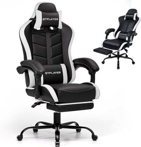 GTPLAYER Gaming Stuhl, Bürostuhl Gamer Stuhl, Ergonomischer Gamer Sessel mit Fußstütze, Gaming Chair PU Leder PC-Stuhl Verbreiterte Rückenlehne 150KG, Weiß
