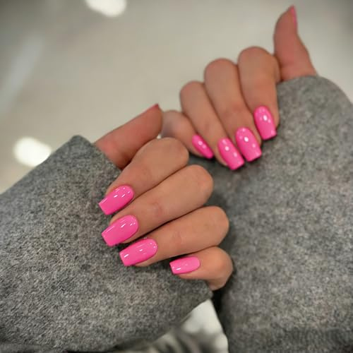 KQueenest Heiß Rosa Press On Nails Mittel Eckig, Sarg Nägel zum Aufkleben Kurz, Glänzende Jelly-Gel Fake Nails Fingernägel zum aufkleben Ballerina, Einfarbig Acryl Kunstnägel für Frauen, 24 Stück