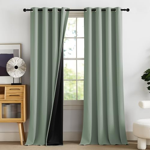 PONY DANCE 100% Blackout Curtains for Bedroom - Thermal Full Blackout Eyelet Curtains & Drapes Heat and Light Blocking Panels for Living Room with Black Liner 2 Pcs, 52 x 90 Inch, Sage Green