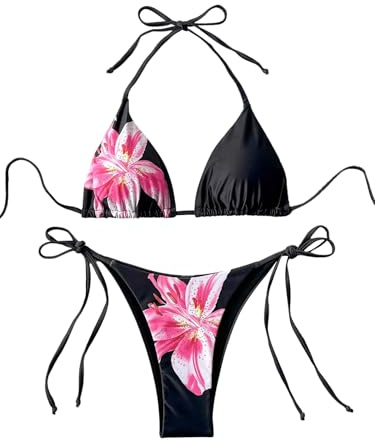 GORGLITTER Bikiniset för kvinnor, boho, blommönster, bikiniset, halterneck, baddräkter, triangelbikinis, tvådelad baddräkt, hög midja, stranddräkt, badmode, svart, S