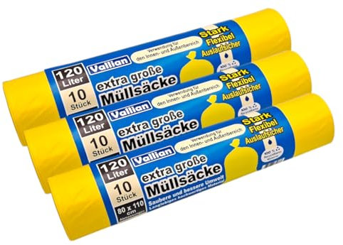 Vallian - Sacchi della spazzatura gialli extra grandi 120 litri - Dimensioni 80 x 110 cm - 10 sacchetti per rotolo - Resistente agli strappi, forte e flessibile - Confezione da 3 rotoli (30 sacchetti