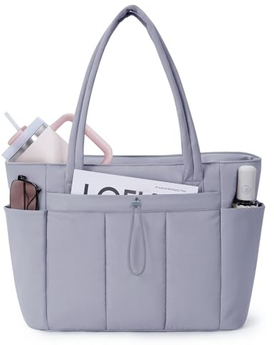 Wandering Nature Tote Bag for Women with Zip Large Capacity Shoulder Handbag with 15.6 Inch Laptop Compartment and 40oz Water Bottle Pocket for Work School Travel, Blue Grey (Patent Pending)