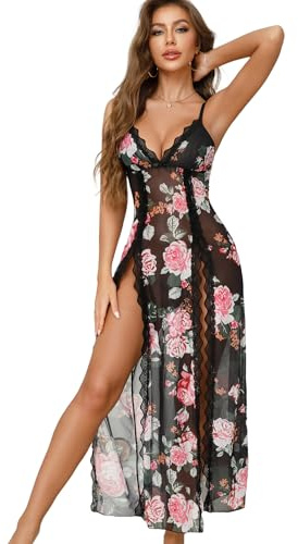 Tomkids Women Sexy Lingerie Lace Babydoll Mesh Long Chemise V-Neck Sleepwear Mesh Nightdress High Side Slit Nightwear Black Rose