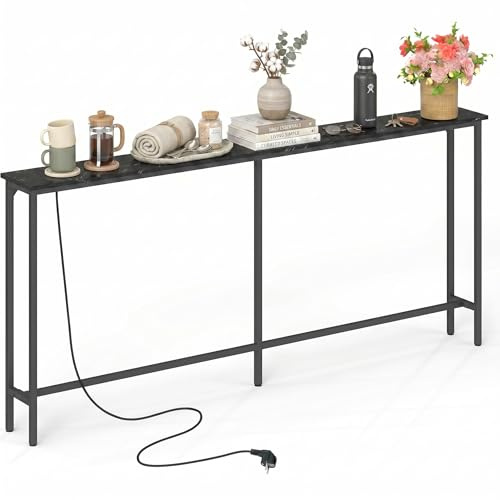 180 cm Breit Konsolentisch Schmal mit Steckdose(Kunstmarmor/1 Stück) | Flur Regal Schmaler Beistelltisch Sofa Couch Tisch für Eingang Flur Foyer Veranda Balkon Wohnzimmer Möbel 180x20x80cm